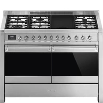 SMEG SZABADONÁLLÓ TŰZHELY,Opera,120 cm,2  sütő,9 és 4 funkció,70 + 35 l sütőtér,6 égő,rozsdamentes acél / ezüst gombokkal