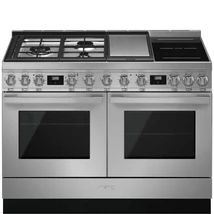 SMEG SZABADONÁLLÓ TŰZHELY, Portofino design, 120 cm, 2 sütőtér, gáz- teppanyaki- és indukciós főzőlap, inox