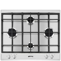 SMEG GÁZ FŐZŐLAP,Selezione ,60 cm,4 db normál égő,öntöttvas edénytartó rácsok, szálcsiszolt rm.acél,ezüst vezérlőgombok