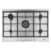 SMEG GÁZ FŐZŐLAP,Selezione ,70 cm,4 normál + 1 4,2 kW-os WOK égő,öntöttvas edénytartó, ujjlenyomatm.rm.acél,ezüst gombok