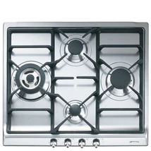 SMEG GÁZ FŐZŐLAP,Classic ,60 cm,4 gázégő,ebből 1 3,9 kW-os wok égő,,szálcsiszolt rozsdamentes acél,ezüst vezérlőgombok