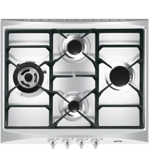 SMEG GÁZ FŐZŐLAP,Selezione,60 cm,4 égő,ebből 1 db 3,9 kW-os wok égő,öntöttvas edénytartó rácsok,szálcsisz.rm.acél