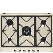 SMEG GÁZ FŐZŐLAP, Victoria design, 70 cm, 4 db normál + 1 db 5,0 kW-os ultra-wok gázégő, öntöttvas edénytartók, bézs