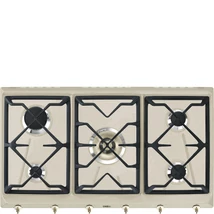 SMEG GÁZ FŐZŐLAP,Colonial,90 cm,4 db norm + 1 db 5 kW-os wok égő,3 öntöttvas edényt,avena bézs,bronz gombok