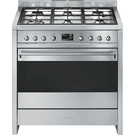 SMEG SZABADONÁLLÓ TŰZHELY, OperaDesign, 90 cm, 9 funkció, 70 l sütőtér, főzőlap:6 gázégő, rozsdamentes acél