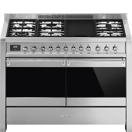 SMEG SZABADONÁLLÓ TŰZHELY,Opera,120 cm,2  sütő,9 és 4 funkció,70 + 35 l sütőtér,6 égő,rozsdamentes acél / ezüst gombokkal