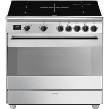 SMEG SZABADONÁLLÓ TŰZHELY, Classic design, 90 cm, 1 sütőtér, indukciós főzőlap, matt fekete gombok, inox