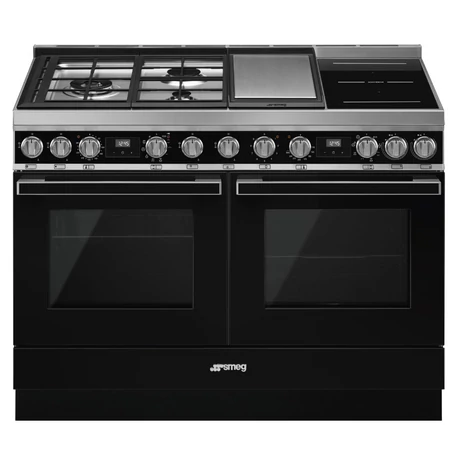 SMEG SZABADONÁLLÓ TŰZHELY, Portofino design, 120 cm, 2 sütőtér, gáz- teppanyaki- és indukciós főzőlap, antracit