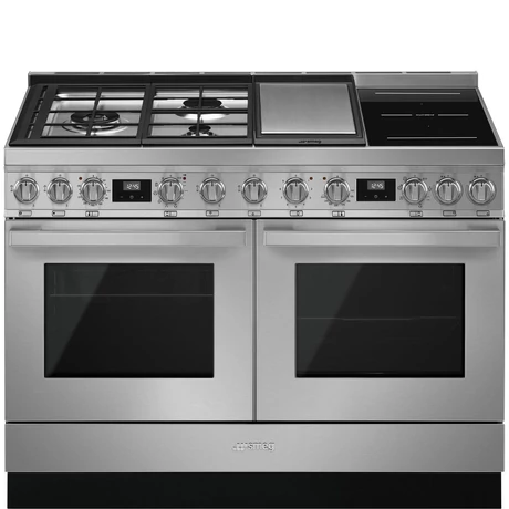 SMEG SZABADONÁLLÓ TŰZHELY, Portofino design, 120 cm, 2 sütőtér, gáz- teppanyaki- és indukciós főzőlap, inox