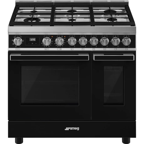 SMEG SZABADONÁLLÓ TŰZHELY,Portofino,90 cm,70 + 35 l,8 + 4 f, gőztisztítás, 6 égő (ebből 1 db 4,2 kW-os WOK égő),fekete