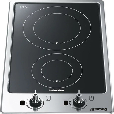 SMEG DOMINO INDUKCIÓS FŐZŐLAP, 30 cm, 2 bővíthető főzőzóna, 9 fokozat, szálcsiszolt rm.acél, Classic és Linea gombok
