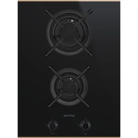 SMEG GÁZ FŐZŐLAP, Dolce Stil Novo design,38 cm,2 gázégő, öntöttvas edénytartók, feketeüvegkerámia alap réz díszítéssel
