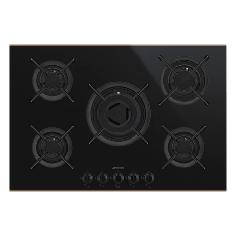 SMEG GÁZ FŐZŐLAP, Dolce Stil Novo , 75 cm,  5 gázégő, öntöttvas edénytartók, fekete üvegkerámia alap réz díszítéssel