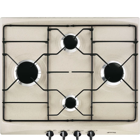 SMEG GÁZ FŐZŐLAP, Selezione design, 60 cm, 4 gázégő, zománcozott edénytartók, avena bézs, fekete vezérlőgombok
