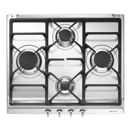 SMEG GÁZ FŐZŐLAP, Classic design, 60 cm, 4 gázégő, öntöttvas edénytartók, rozsdamentes acél, ezüst vezérlőgombok
