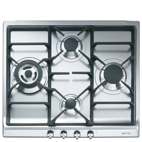 SMEG GÁZ FŐZŐLAP,Classic ,60 cm,4 gázégő,ebből 1 3,9 kW-os wok égő,,szálcsiszolt rozsdamentes acél,ezüst vezérlőgombok