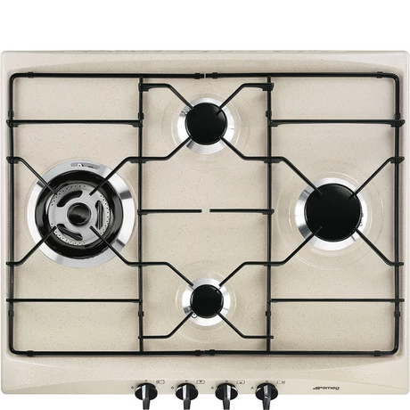 SMEG GÁZ FŐZŐLAP,Selezione,60 cm,3 db norm + 1 db 3,9 kW-os WOK égő,zománcozott edénytart,,avena bézs,fekete gombok
