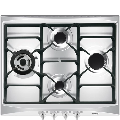 SMEG GÁZ FŐZŐLAP,Selezione,60 cm,4 égő,ebből 1 db 3,9 kW-os wok égő,öntöttvas edénytartó rácsok,szálcsisz.rm.acél