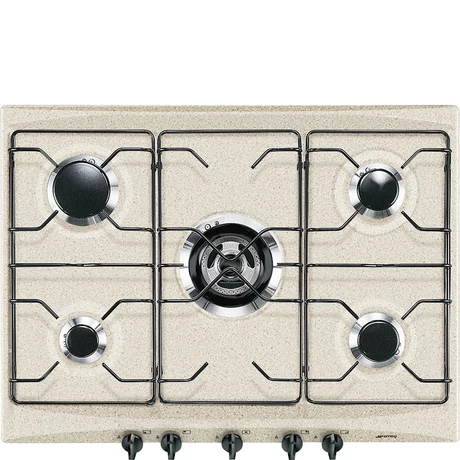 SMEG GÁZ FŐZŐLAP,Selezione,70 cm,4 db norm + 1 db 3,9 kW-os WOK égő,zománcozott edénytartó,avena bézs fekete gombokkal