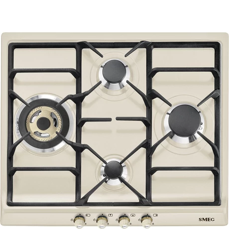 SMEG GÁZ FŐZŐLAP,Cortina,60 cm,3 norm + 1 db 4 kW-os ultra-wok égő,öntöttvas edénytart,bézs,bronz gombok