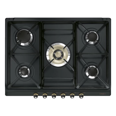 SMEG GÁZ FŐZŐLAP,Cortina,70 cm, 4 norm + 1 db 5 kW-os ultra-wok égő,öntöttvas edénytart,antracit,bronz gombok