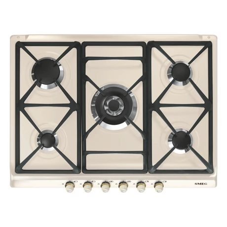 SMEG GÁZ FŐZŐLAP,Cortina,70 cm, 4 norm + 1 db 5 kW-os ultra-wok égő,öntöttvas edénytart,bézs,antikolt bronz gombok