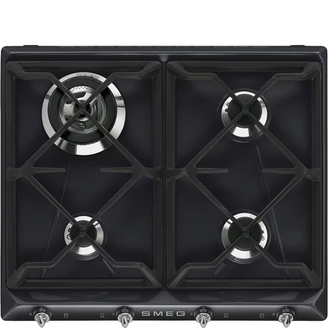 SMEG GÁZ FŐZŐLAP, Victoria design, 60 cm, 3 db normál + 1 db 3,3 kW-os WOK gázégő, öntöttvas edénytartók, fekete
