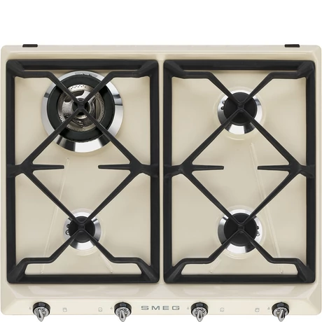 SMEG GÁZ FŐZŐLAP, Victoria design, 60 cm, 3 db normál + 1 db 3,3 kW-os WOK gázégő, öntöttvas edénytartók, bézs