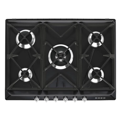 SMEG GÁZ FŐZŐLAP, Victoria design, 70 cm, 4 db normál + 1 db 5,0 kW-os ultra-wok gázégő, öntöttvas edénytartók, fekete