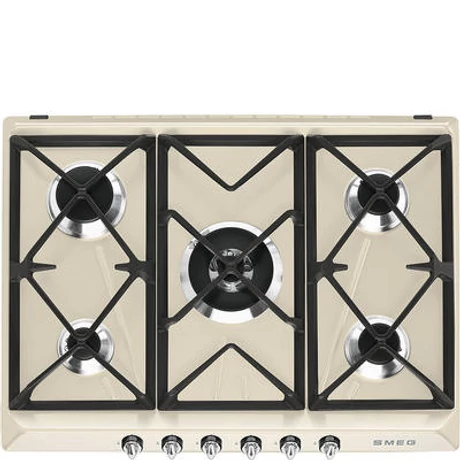 SMEG GÁZ FŐZŐLAP, Victoria design, 70 cm, 4 db normál + 1 db 5,0 kW-os ultra-wok gázégő, öntöttvas edénytartók, bézs