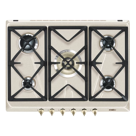 SMEG GÁZ FŐZŐLAP,Colonial,70 cm,4 db norm + 1 db  5,0 kW-os ultra-wok égő,öntöttvas edénytart,avena bézs,bronz gombok