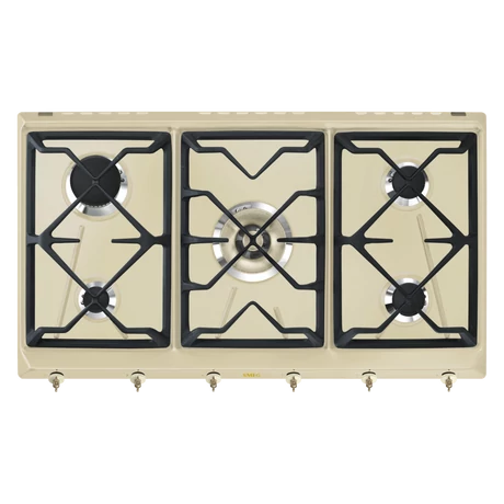 SMEG GÁZ FŐZŐLAP, Colonial, 90 cm, 4 db norm + 1 db 5 kW-os wok égő, öntöttvas edénytart,bézs,bronz vezérlőgomb