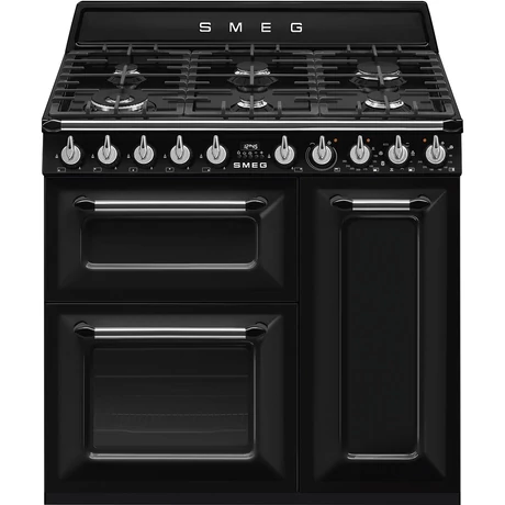 SMEG SZABADONÁLLÓ TŰZHELY, Victoria,90 cm,68 + 62 + 35 l,9 funkció,főzőlap: 6 gázégő, fekete/ ezüst gombokkal