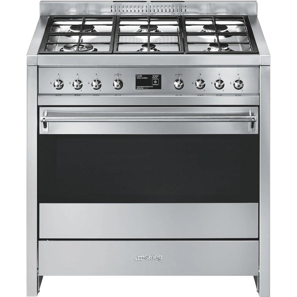 SMEG SZABADONÁLLÓ TŰZHELY, OperaDesign, 90 cm, 9 funkció, 70 l sütőtér, főzőlap:6 gázégő, rozsdamentes acél