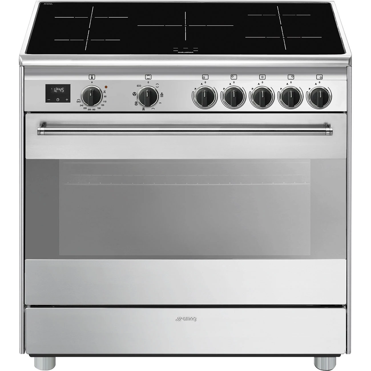 SMEG SZABADONÁLLÓ TŰZHELY, Classic design, 90 cm, 1 sütőtér, indukciós főzőlap, matt fekete gombok, inox