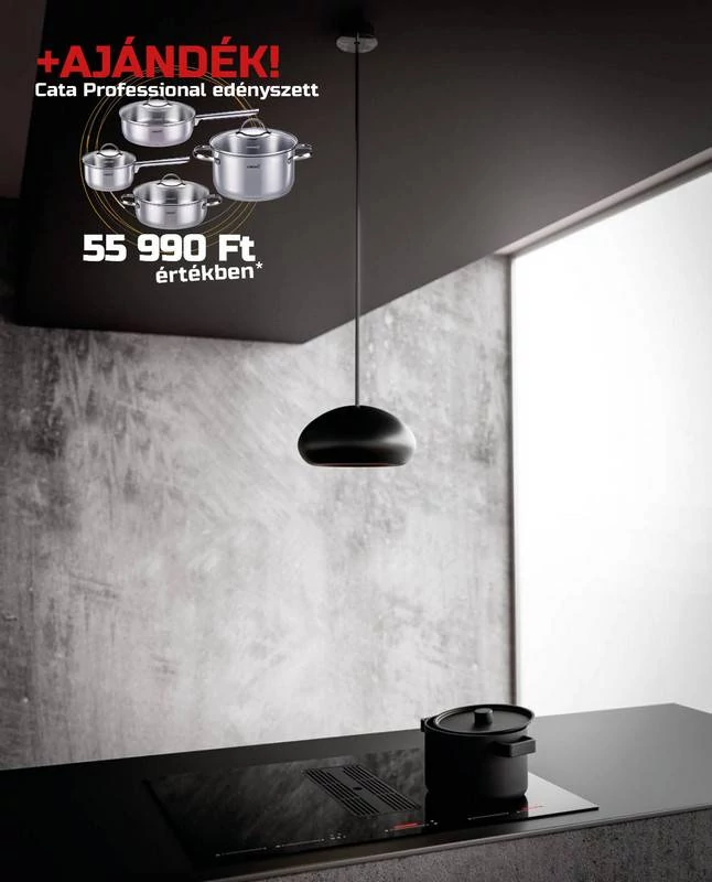 SIRIUS - Beépíthető indukciós főzőlap beépített elszívóval  S-DDH6 AUTOMATIC fekete Supernova lámpával + CATA - PROFESSIONAL edényszett
