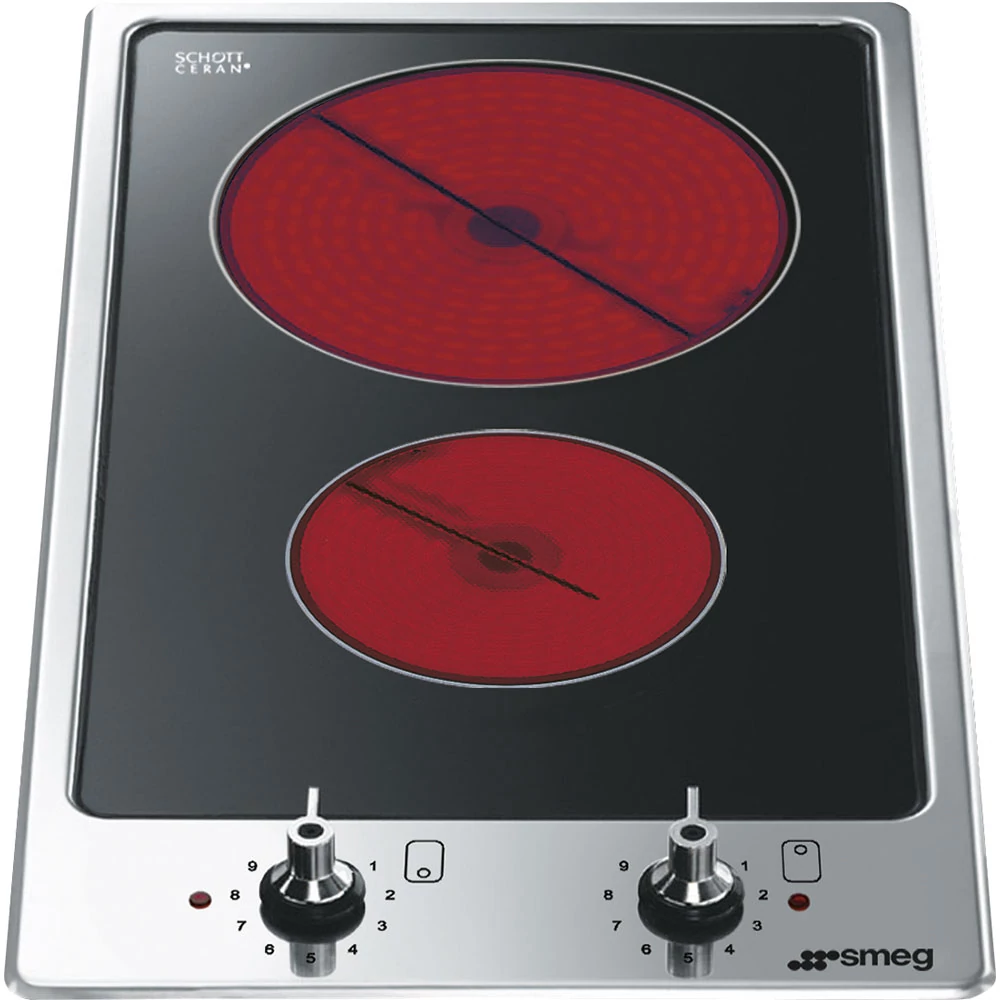 SMEG DOMINO KERÁMIA FŐZŐLAP,Classic ,ultra-lapos,31cm,2 főzőzóna,9 fokozat,szálcsisz.rm.acél,Classic és Linea gombok