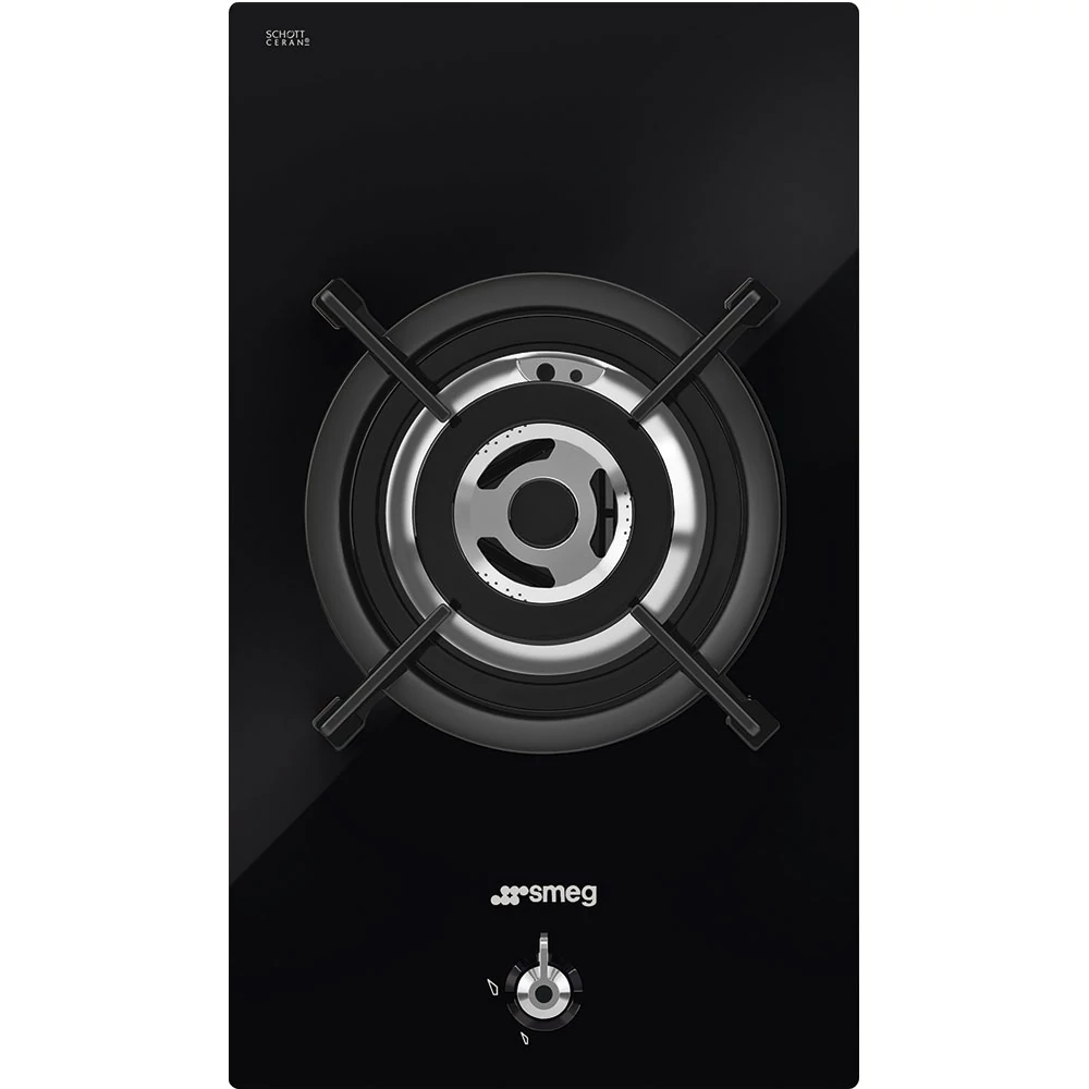 SMEG GÁZ FŐZŐLAP, Classic , 30 cm,ultra-lapos forma, 1 db 6 kW-os WOK gázégő,öntöttvas edénytartó, fekete üveg alap