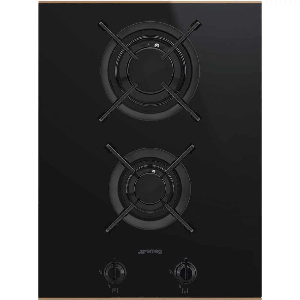 SMEG GÁZ FŐZŐLAP, Dolce Stil Novo design,38 cm,2 gázégő, öntöttvas edénytartók, feketeüvegkerámia alap réz díszítéssel