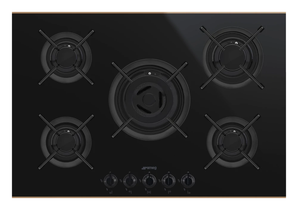 SMEG GÁZ FŐZŐLAP, Dolce Stil Novo , 75 cm,  5 gázégő, öntöttvas edénytartók, fekete üvegkerámia alap réz díszítéssel