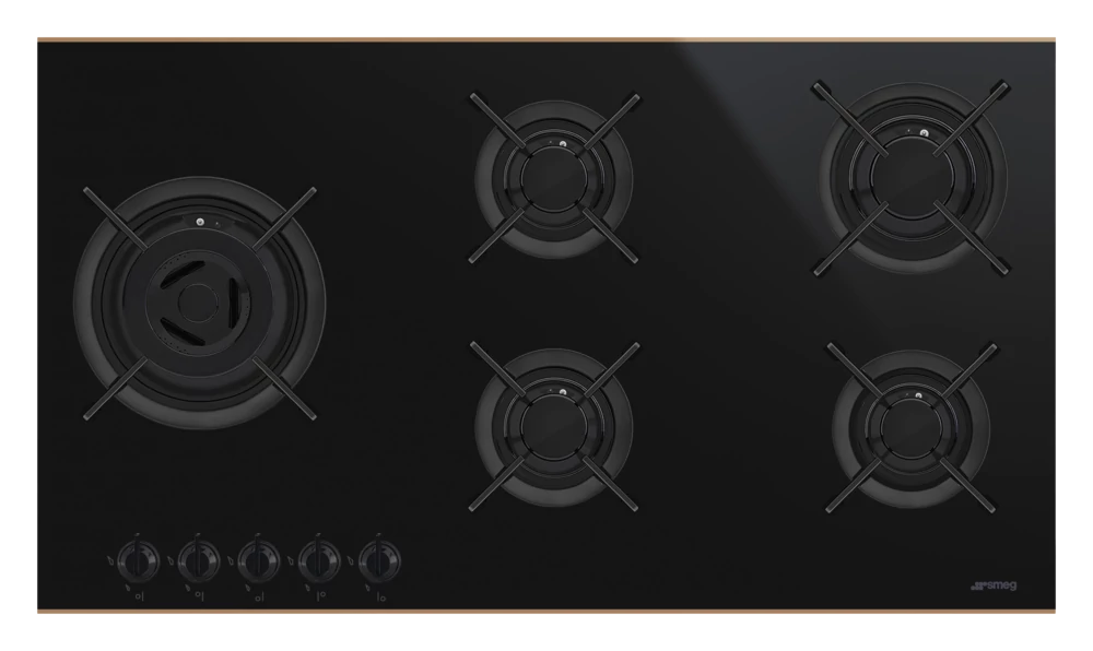 SMEG GÁZ FŐZŐLAP,Dolce Stil Novo,90 cm,90 cm,5 égő,fekete üvegkerámia inox díszítéssel,egyenes élű üveg
