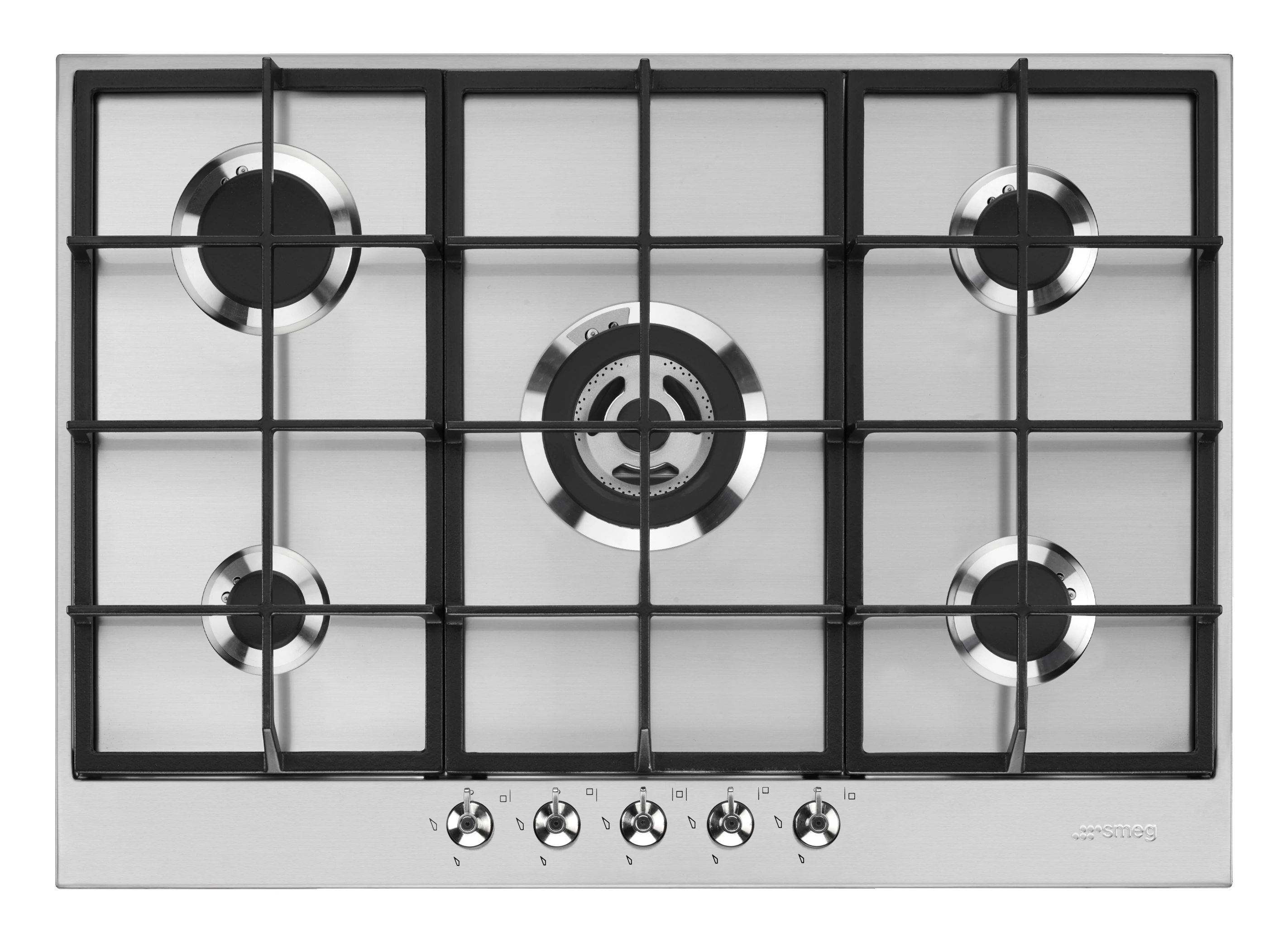 SMEG GÁZ FŐZŐLAP,Classic ,72,5 cm,5 gázégő,ebből 1 4,2 kW-os wok égő,,szálcsiszolt rozsdamentes acél,ezüst vezérlőgombok
