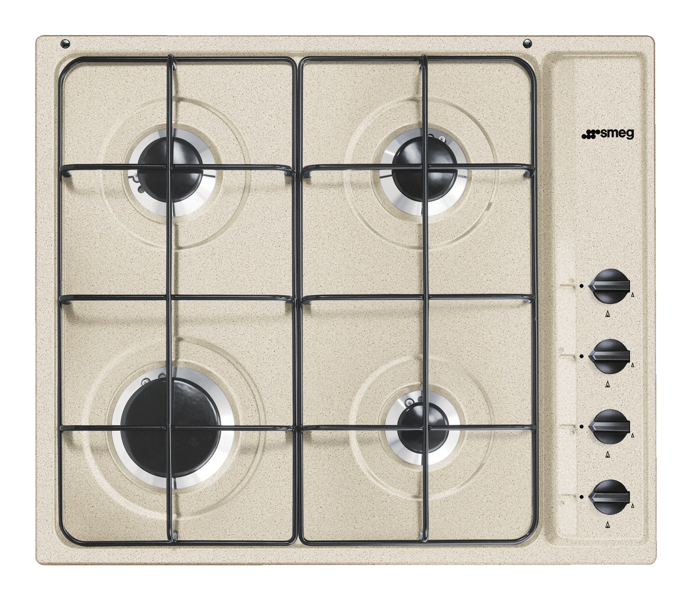 SMEG GÁZ FŐZŐLAP,Selezione ,60 cm,4 normál gázégő,oldalsó vez.,zománcozott edénytartó,avena bézs fekete vezérlőgombokkal