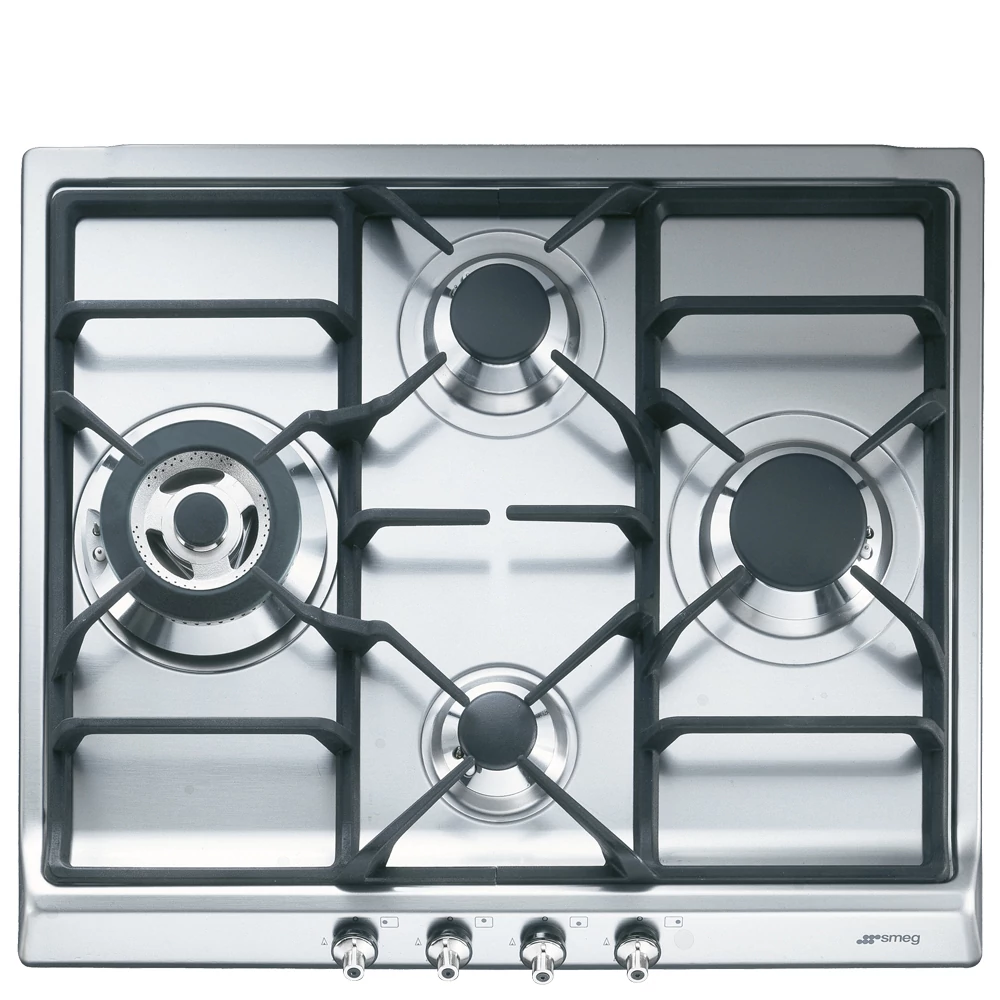 SMEG GÁZ FŐZŐLAP,Classic ,60 cm,4 gázégő,ebből 1 3,9 kW-os wok égő,,szálcsiszolt rozsdamentes acél,ezüst vezérlőgombok