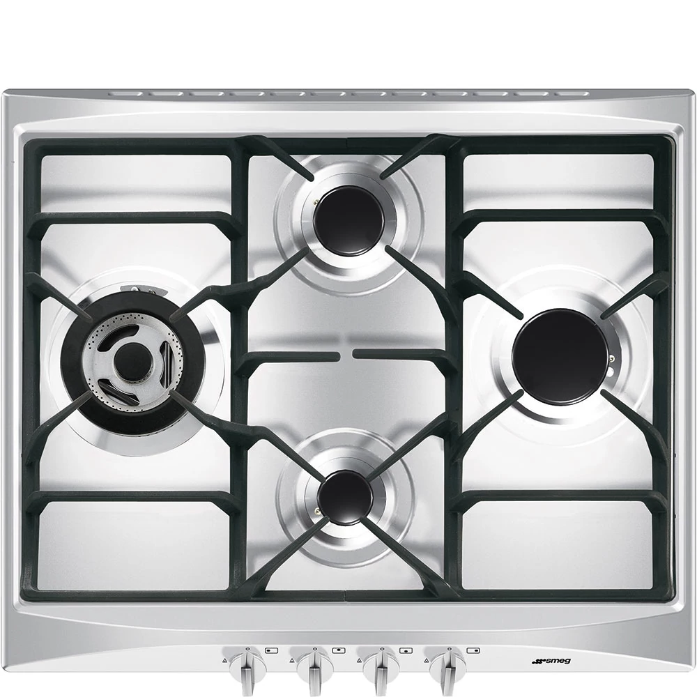SMEG GÁZ FŐZŐLAP,Selezione,60 cm,4 égő,ebből 1 db 3,9 kW-os wok égő,öntöttvas edénytartó rácsok,szálcsisz.rm.acél