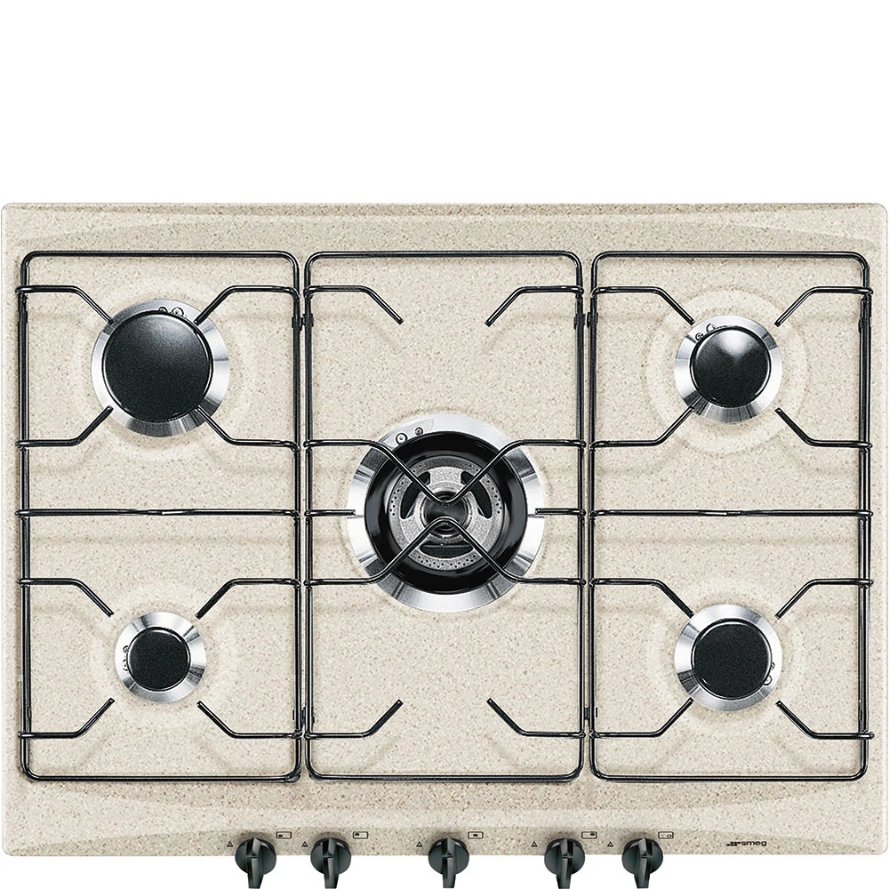 SMEG GÁZ FŐZŐLAP,Selezione,70 cm,4 db norm + 1 db 3,9 kW-os WOK égő,zománcozott edénytartó,avena bézs fekete gombokkal