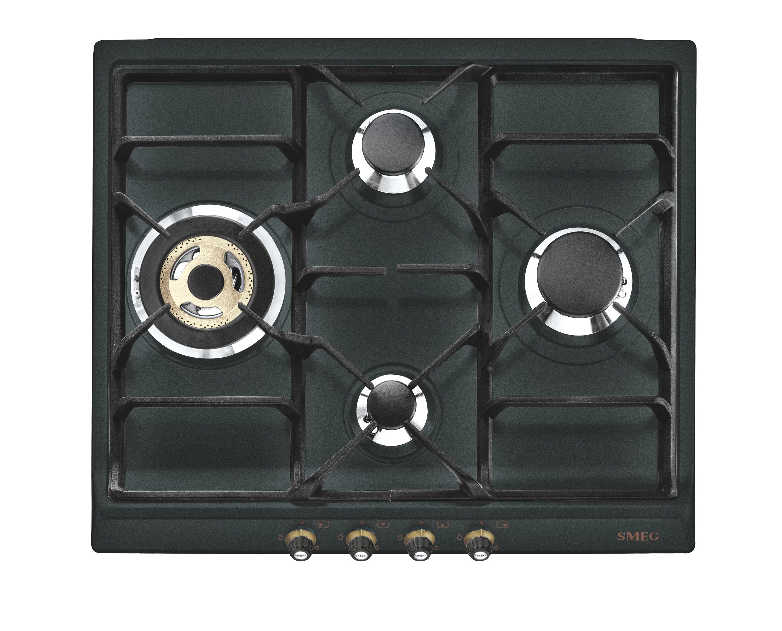 SMEG GÁZ FŐZŐLAP,Cortina,60 cm,3 norm + 1 db 4 kW-os ultra-wok égő,öntöttvas edénytart,antracit,bronz gombok