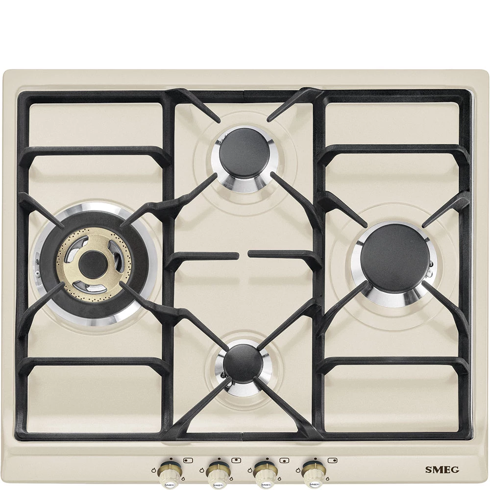 SMEG GÁZ FŐZŐLAP,Cortina,60 cm,3 norm + 1 db 4 kW-os ultra-wok égő,öntöttvas edénytart,bézs,bronz gombok