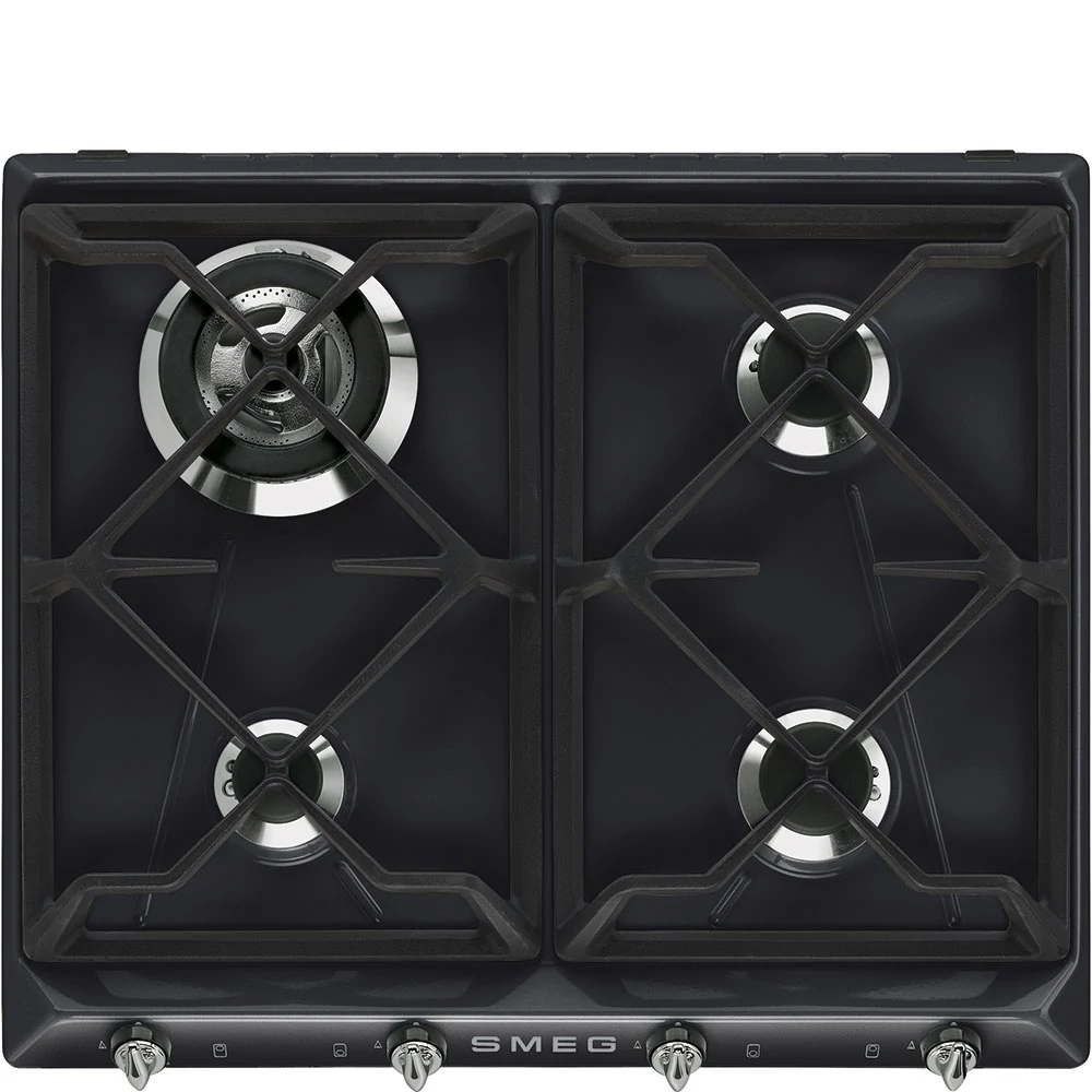 SMEG GÁZ FŐZŐLAP, Victoria design, 60 cm, 3 db normál + 1 db 3,3 kW-os WOK gázégő, öntöttvas edénytartók, fekete