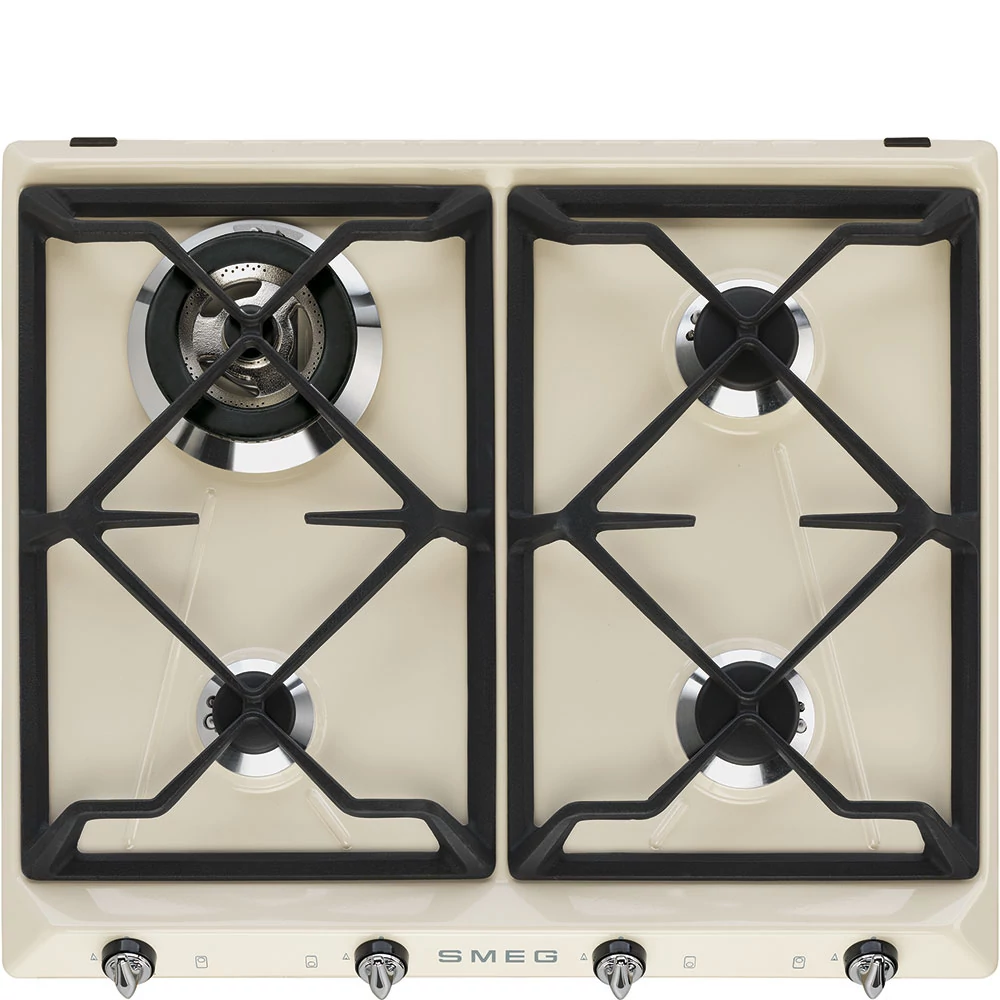 SMEG GÁZ FŐZŐLAP, Victoria design, 60 cm, 3 db normál + 1 db 3,3 kW-os WOK gázégő, öntöttvas edénytartók, bézs